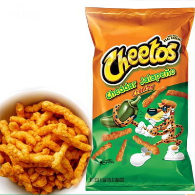 Bag of Cheetos Cheddar Jalapeño Crunchy snacks alongside a bowl of cheesy jalapeño-flavored bites.