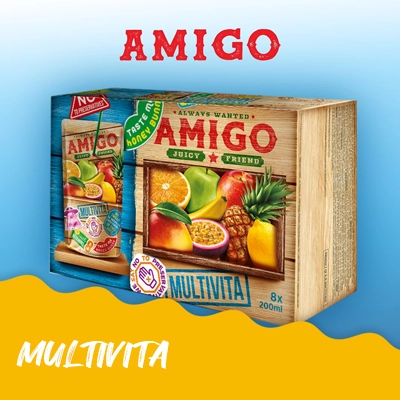 Amigo Multivita Juice packaging showcasing a vibrant mix of tropical fruits and wooden design.