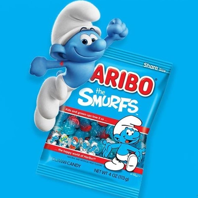 Haribo The Smurfs gummy candy pack featuring Smurf-shaped gummies and playful branding.