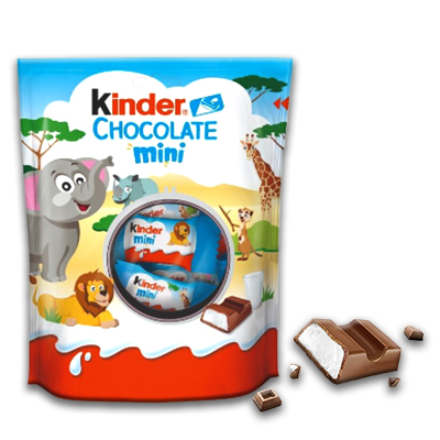 Kinder Chocolate Mini pack featuring delicious milk chocolate bars with a creamy filling, adorned with playful animal-themed packaging