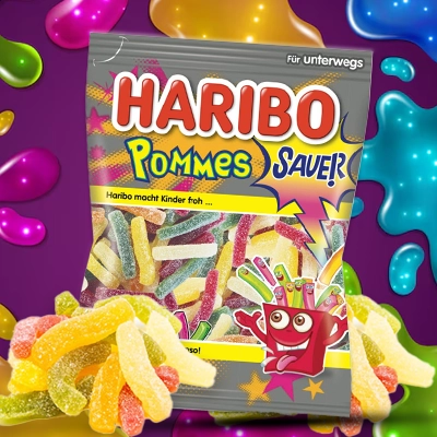 Haribo Pommes Sauer candy pack featuring sour gummy strips in vibrant colors with a playful design.