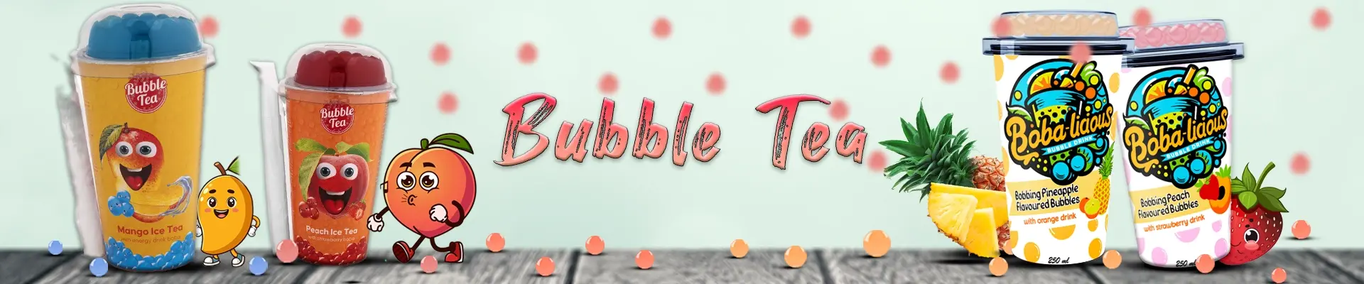 Vibrant bubble tea banner featuring fruity drink options like mango and strawberry, with playful characters and fresh ingredients depicted for an inviting and colourful appeal.