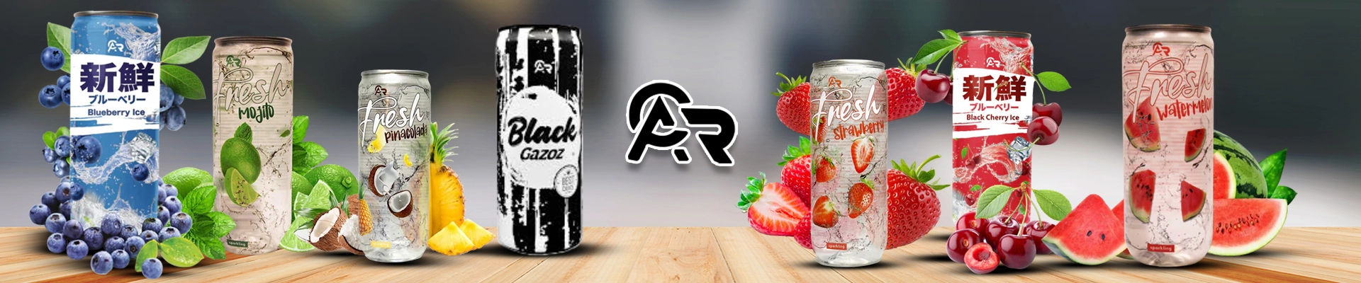 Assortment of Fresh beverage cans featuring Blueberry Ice, Black Gazoz, and Fresh Mojito flavors with vibrant fruit graphics on a wooden table.