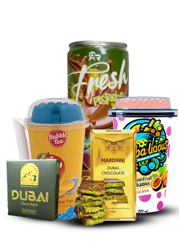 An assortment of Dubai chocolate, bubble tea, and pistachio-flavored beverages.