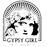 Black and white logo featuring a stylized face with floral elements and 'Gipsy Girl' text.