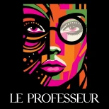 Colorful abstract portrait with glasses and 'Le Professeur' text.