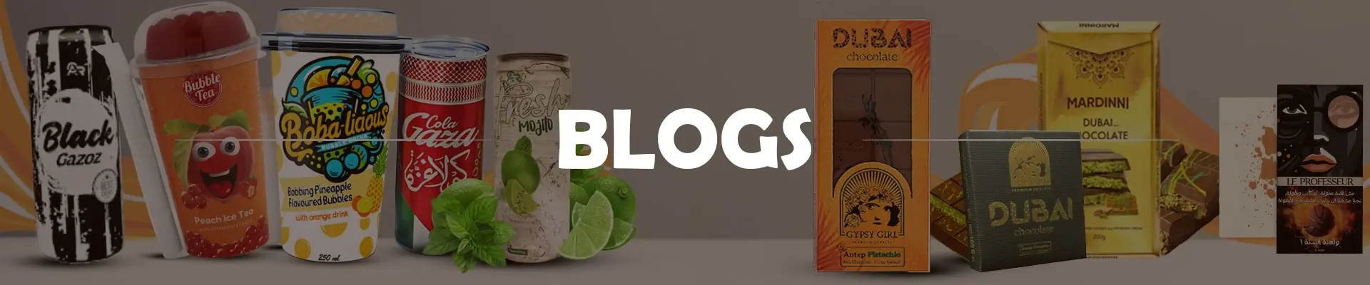 Assorted beverages and chocolates with 'BLOGS' text in the center.