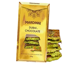 Mardinni Dubai chocolate, 200g, featuring milk chocolate with kunafa and pistachio cream filling in luxurious gold packaging.