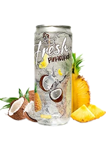 Fresh Pina Colada drink can with coconut and pineapple flavors, surrounded by coconut halves and pineapple slices.