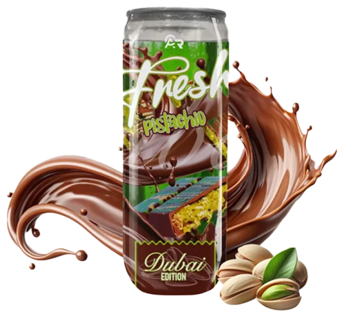 Fresh Pistachio Dubai Edition drink can with chocolate and pistachio flavors, surrounded by pistachios and a chocolate splash.